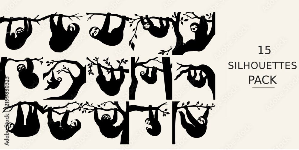 Obraz premium Sloth Hanging From A Branch Silhouette - Minimal Form Crisp Vector Cutout Black Vector Clipart on White Background