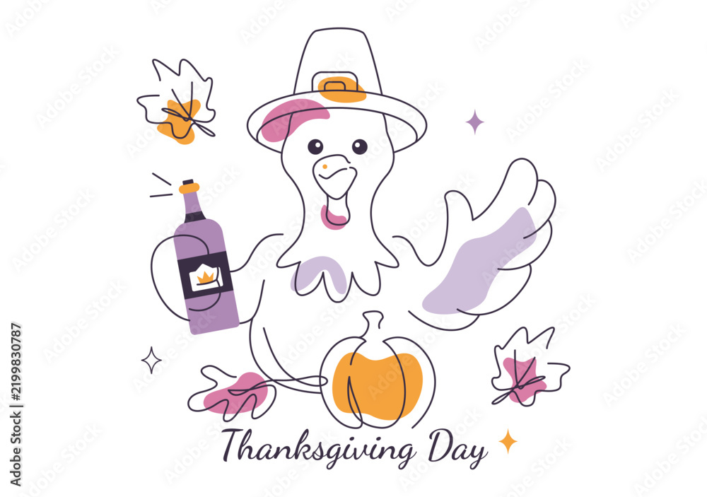Fototapeta premium Thanksgiving Day Vector Illustration featuring Festive Turkey Characters with Pumpkin, Autumn Leaves, Food, and Holiday Celebration Elements