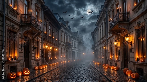 Bucharest Old Town decorated for Halloween on a foggy night