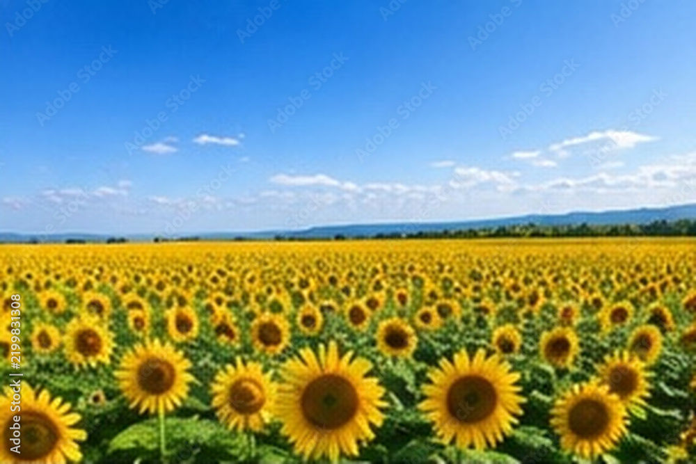 Fototapeta premium Vibrant sunflower field under a bright blue summer sky with distant mountains 