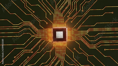 Motherboard and microchip circuit core with glowing trace lines representing advanced technology, computing power and connectivity