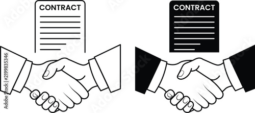 Handshake with contract document icon set