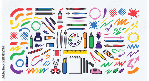 Creative Art Supplies and Colorful Doodles Vector Set