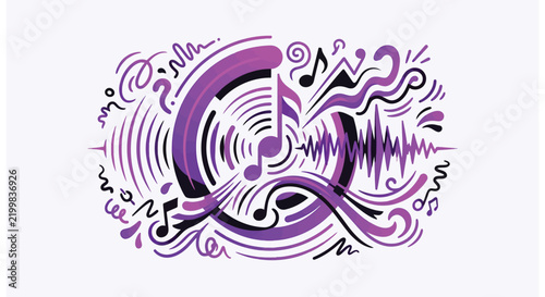 Abstract purple musical notes and sound wave doodle illustration