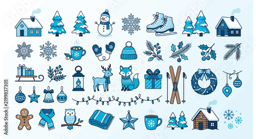 Blue Winter and Christmas Icon Set with Festive Illustrations
