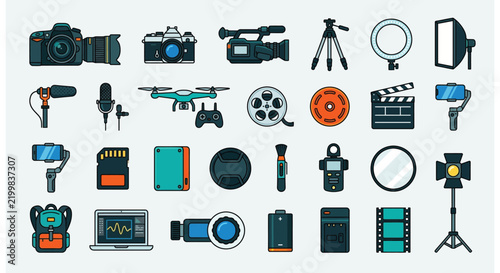 Photography and Videography Equipment Vector Icon Set for Content Creation and Filmmaking