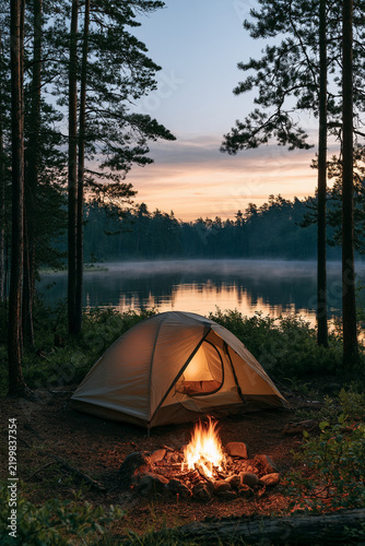 Cozy Camping Tent Beside a Calm Lake at Sunrise, Peaceful Outdoor Adventure