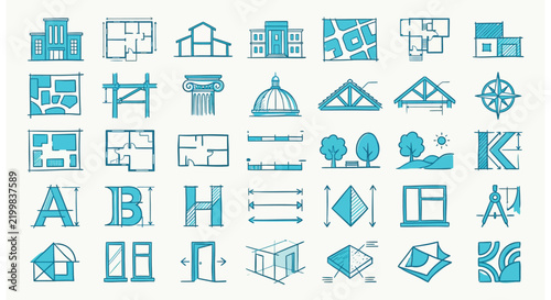 Blue Hand-Drawn Architectural Icon Set and Construction Sketch Elements
