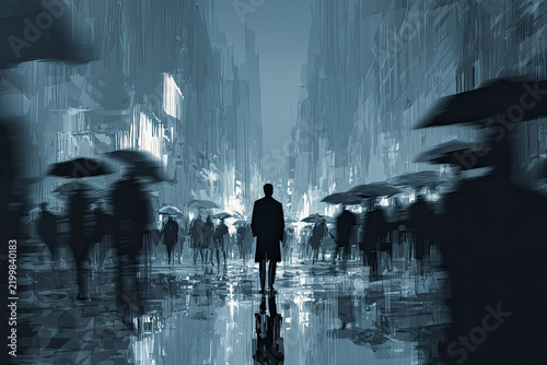 Painterly blue toned artwork of a dark coated figure seen from behind on a wet reflective street, surrounded by blurred umbrella carrying pedestrians and hazy buildings.