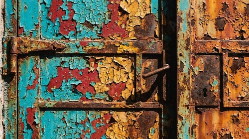 
Weathered rusty metal door with cracked peeling paint texture, vintage colorful distressed door close-up