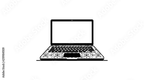 Minimalist laptop vector icon with floral mandala pattern, decorative computer notebook illustration, tech device art