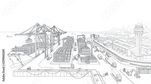 Industrial container port outline vector, cargo terminal logistics hub illustration, commercial shipping harbor scene