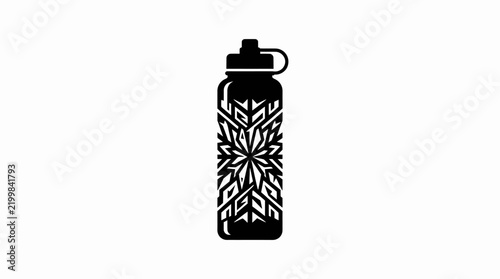 Tribal water bottle vector icon, black reusable sports flask with geometric pattern, hydration container silhouette