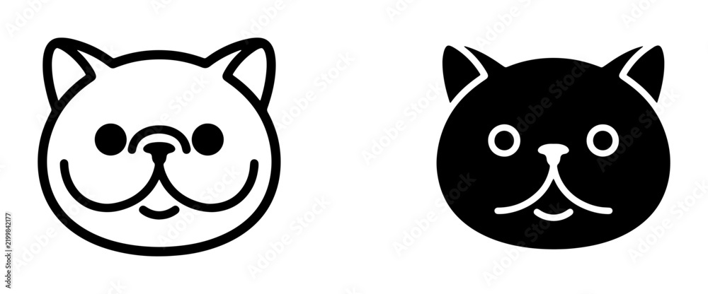 Fototapeta premium Cute Cat Faces Vector Icons, Simple Black and White Pet Emoticons for Design, Adorable Feline Head Graphics