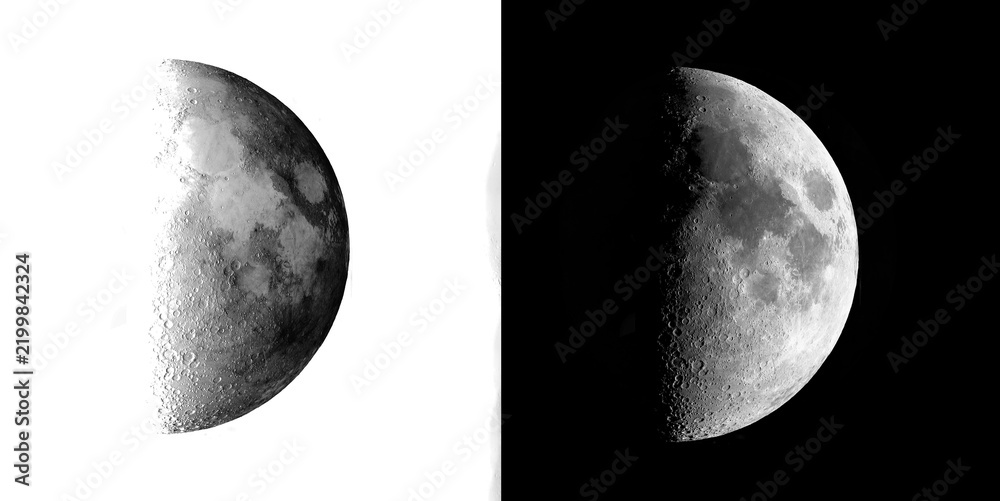 Fototapeta premium Detailed half moon graphic element showcasing crater details on transparent grid and solid black background for composite designs.