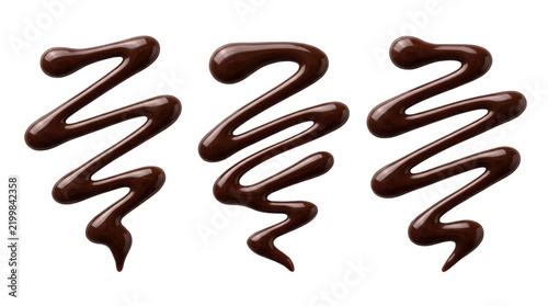 Three zigzag lines of delicious liquid dark chocolate syrup isolated on transparent background