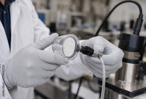 Scientist holds membrane filter in lab setting