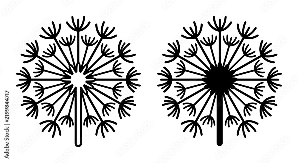 Obraz premium Dandelion Seed Head Vector Icons, Black and White Silhouette Designs for Nature and Spring Themes, Blowball Flower Graphics