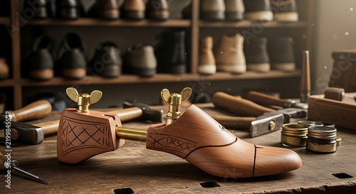 Traditional shoemaker workbench displaying handcrafted wooden shoe trees and professional repair tools inside a vintage artisan workshop with shelves loaded with footwear in the warm atmospheric