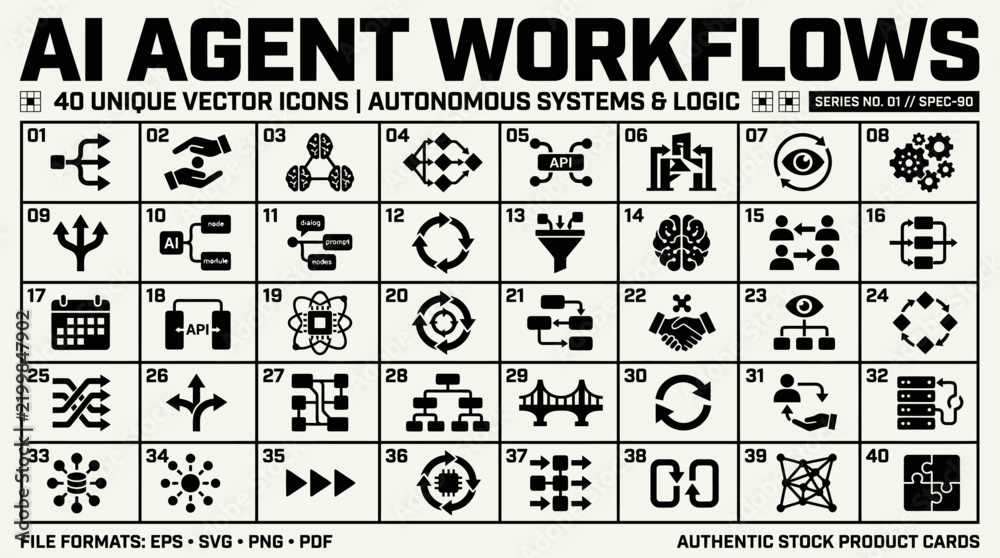 Fototapeta premium AI Agent Workflows Vector Icons Set for Autonomous Systems and Logic. Modern monochrome graphic resources for technology, data, and automation projects.