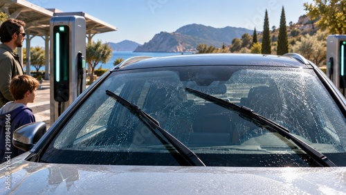 Electric car sits at charging point while man and child stand alongside. Sunlit windshield droplets, coastal water, and mountain backdrop create relaxed family travel near modern charger.