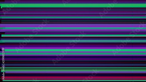 Abstract digital glitch art background with vibrant horizontal neon green and dark purple stripes in retro static style