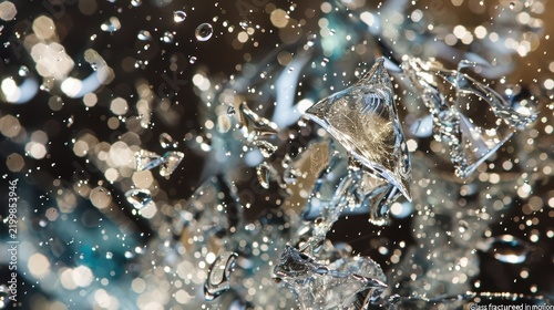 Close-up glass shattering with crystalline fractures and liquid droplets in dynamic motion