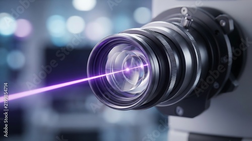 A close up view of a sophisticated optical laser sensor emitting a purple light beam in a modern laboratory research facility environment