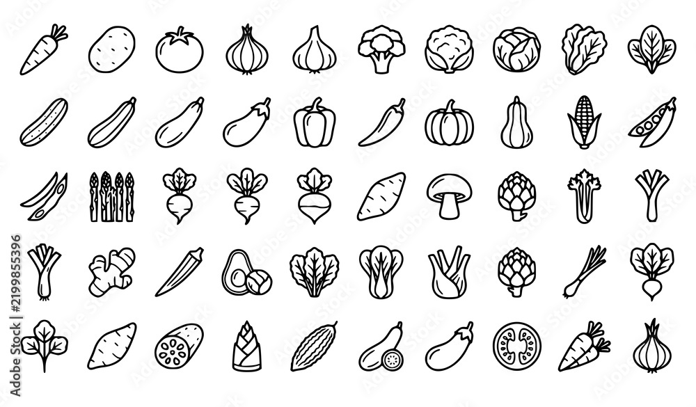 Obraz premium 50 vegetable line icons set with fresh food produce cooking and editable vector strokes Keywords