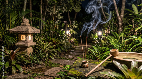 Incense Sticks Burning in Japanese Garden at Night