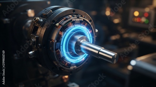 Advanced electric motor prototype with glowing energy rings and industrial coil windings inside a high tech manufacturing workshop facility