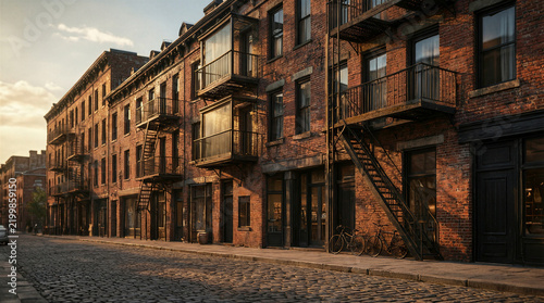 Revitalized warehouse row featuring historic brick manufacturing building with black fire escapes and glass infill lofts on brick streets