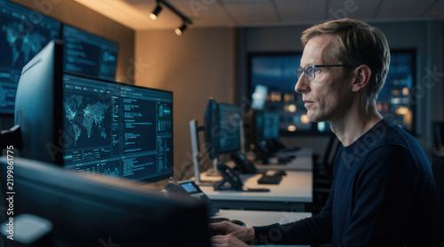 Man Working at Multiple Monitors Displaying Network Data