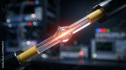 Close up view of a glowing glass vacuum tube component being tested in a scientific laboratory setting
