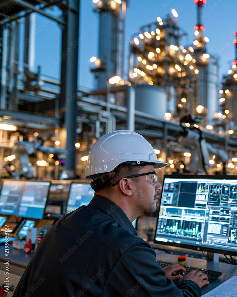 Obraz premium Engineer monitors complex industrial systems at night. Control panels glow with digital data, reflecting precision. Worker wears safety helmet, focused on operations
