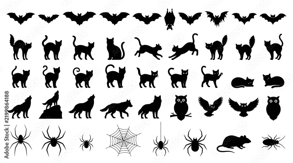 Fototapeta premium Halloween silhouette collection, spooky animal vector set with black cats and bats, creepy spider and wolf icons for holiday design, 49 graphic elements isolated PNG with Transparent Background