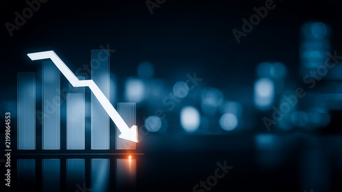 A downward arrow crossing a bar chart represents market decline and negative business performance.
