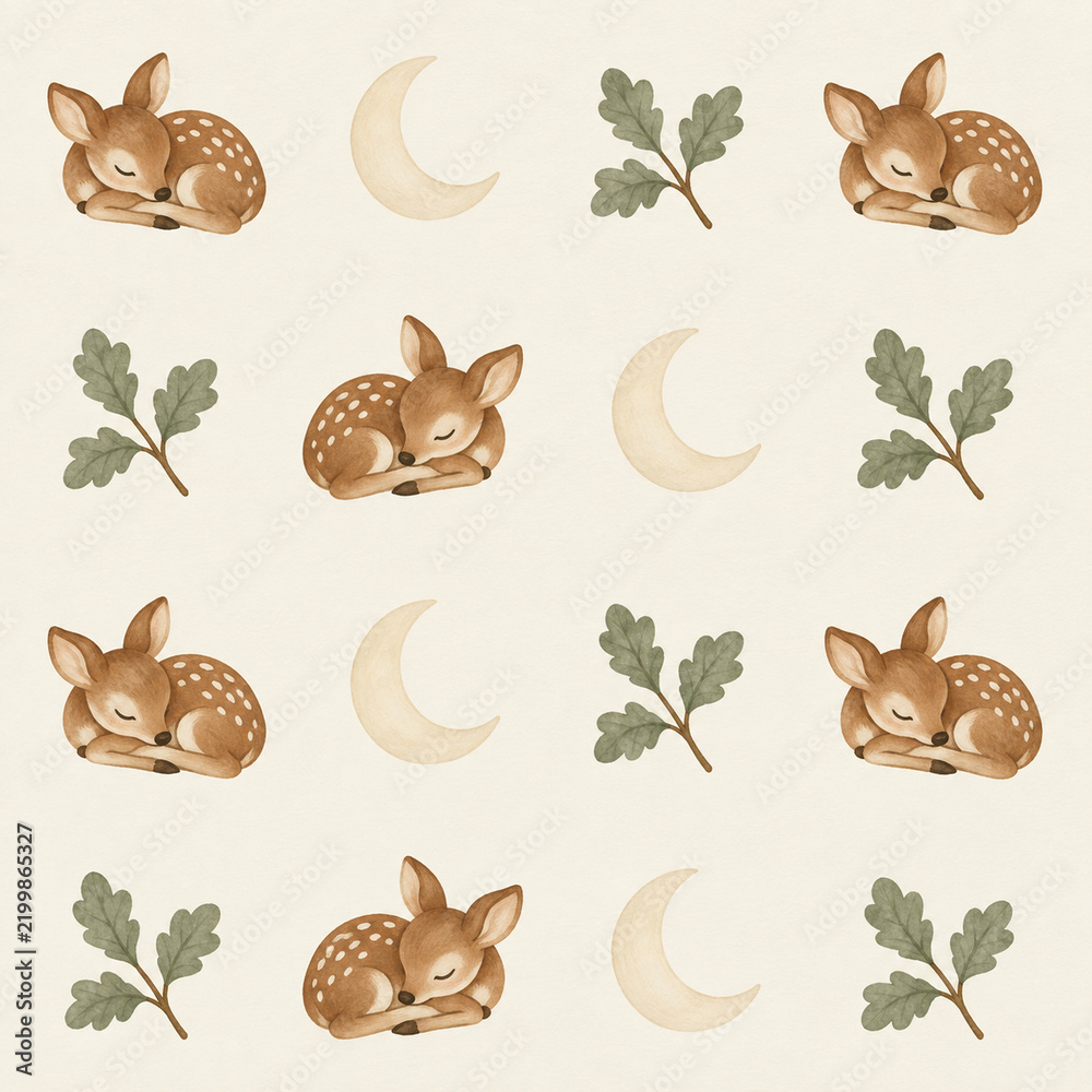 Fototapeta premium Sleepy Woodland Animals Seasonal Nursery Textile Seamless Pattern