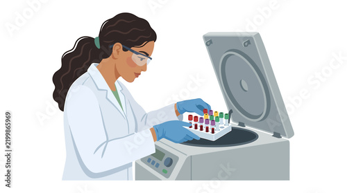 Hispanic Researcher Placing Blood Vials into Grey Centrifuge