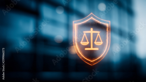 A glowing shield containing balanced scales represents legal protection and regulatory compliance within a modern justice system.
