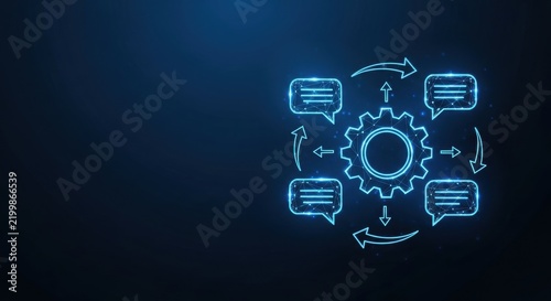 Digital Workflow Automation System with Interconnected Gears and Communication Icons