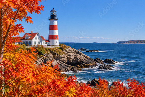 New England lighthouse with red and white stripes on rocky coast, autumn maple leaves, Massachusetts scene