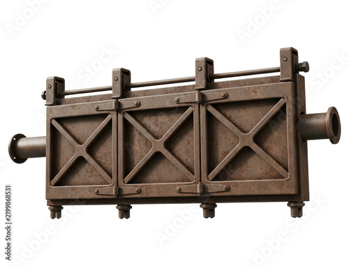 Heavy industrial rusted metal gate mechanism isolated on transparent