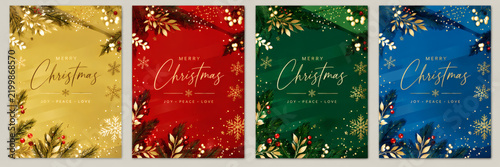 Collection of four festive Christmas cards with elegant typography and seasonal foliage perfect for holiday greetings and winter celebrations
