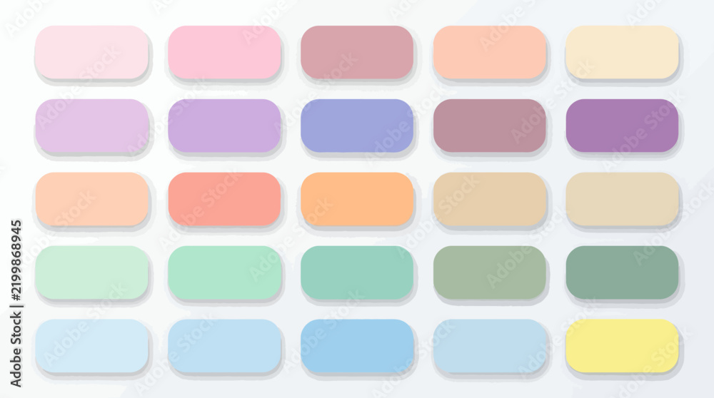 Fototapeta premium Set of twenty five rounded rectangular pastel color swatches for design projects.
