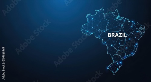 Digital Brazil Map Network Connections on a Dark Blue Glowing Background