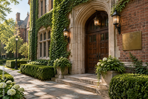 Ivy-covered brick building with brass plaque and stone pathway, prestigious institution and academic heritage theme