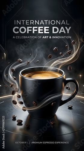 Celebrating international coffee day with a steaming cup and coffee beans
