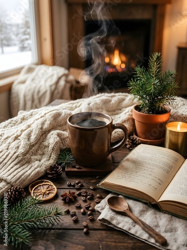 Cozy winter scene with hot drink book and fireplace creating a warm atmosphere
