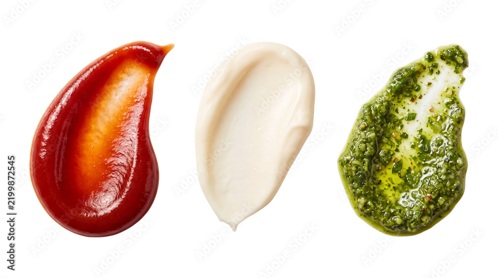 Obraz premium Ketchup, mayonnaise and pesto sauces isolated on transparent background